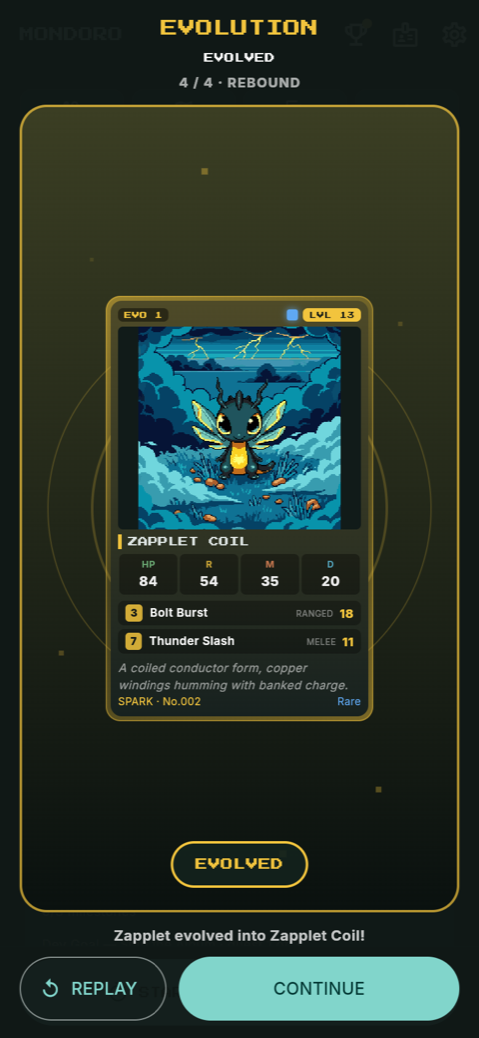 Zapplet evolving into Zapplet Coil, shown on its new card