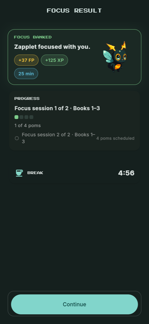 Focus result showing Focus Points and XP banked