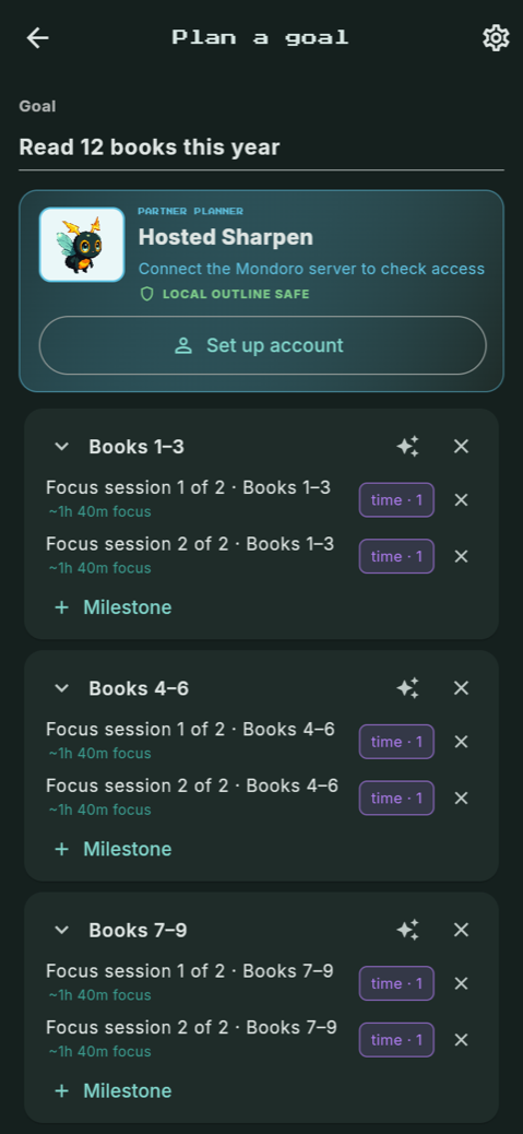 The Mondoro goal planner showing Read 12 books this year split into quests and focus-session milestones